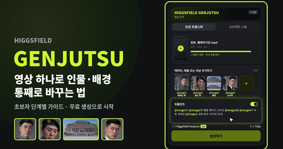 Higgsfield Genjutsu 사용법 대표 이미지: 참조 이미지 4장과 Genjutsu 입력 화면