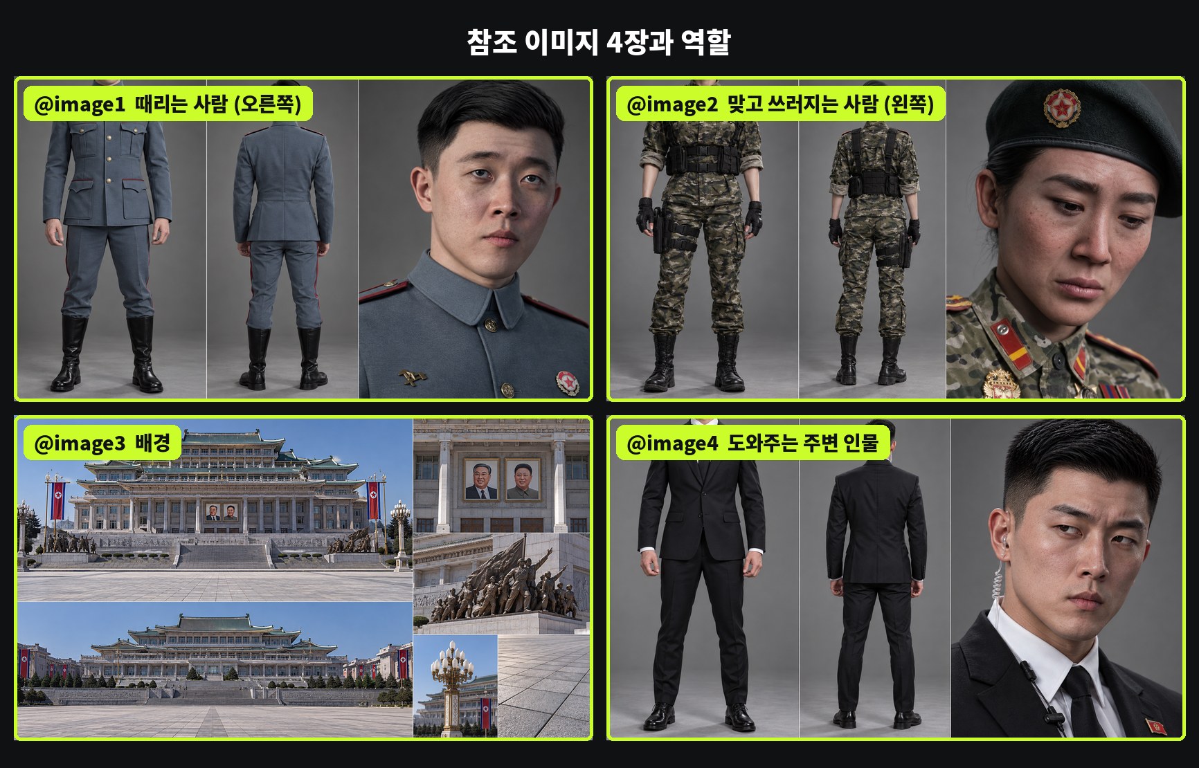 참조 이미지 4장과 역할: @image1 때리는 사람, @image2 맞고 쓰러지는 사람, @image3 배경, @image4 도와주는 주변 인물
