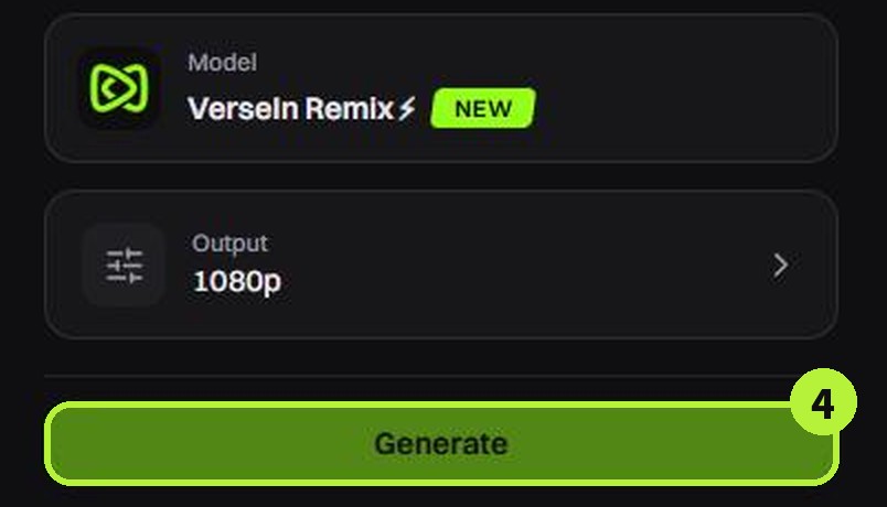 STEP 4: 모델 VerseIn Remix, 출력 1080p 확인 후 Generate 버튼 클릭